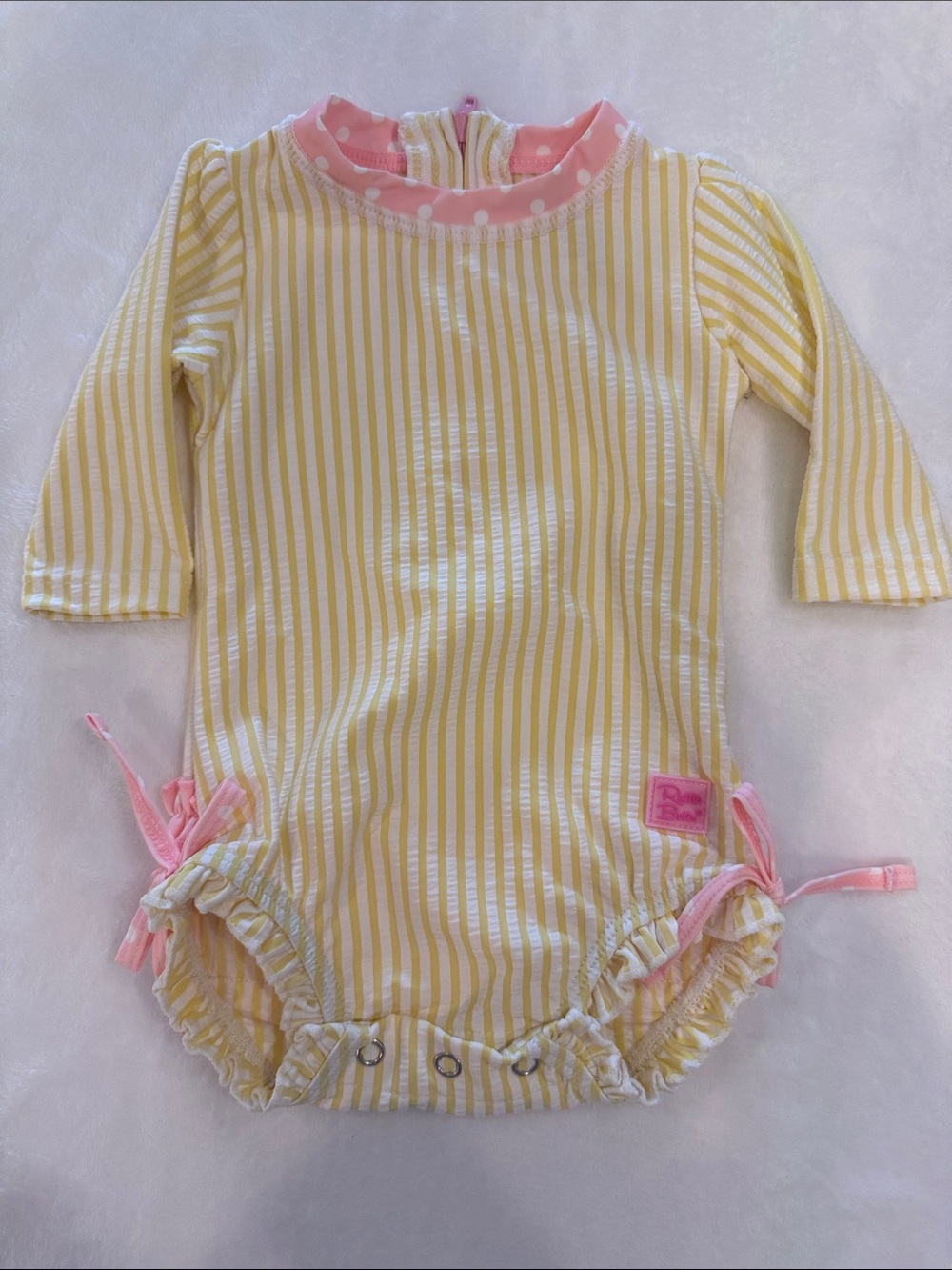 Ruffle Butts - Yellow Seersucker Ruffle One-Piece Swimsuit with Pink Trim
